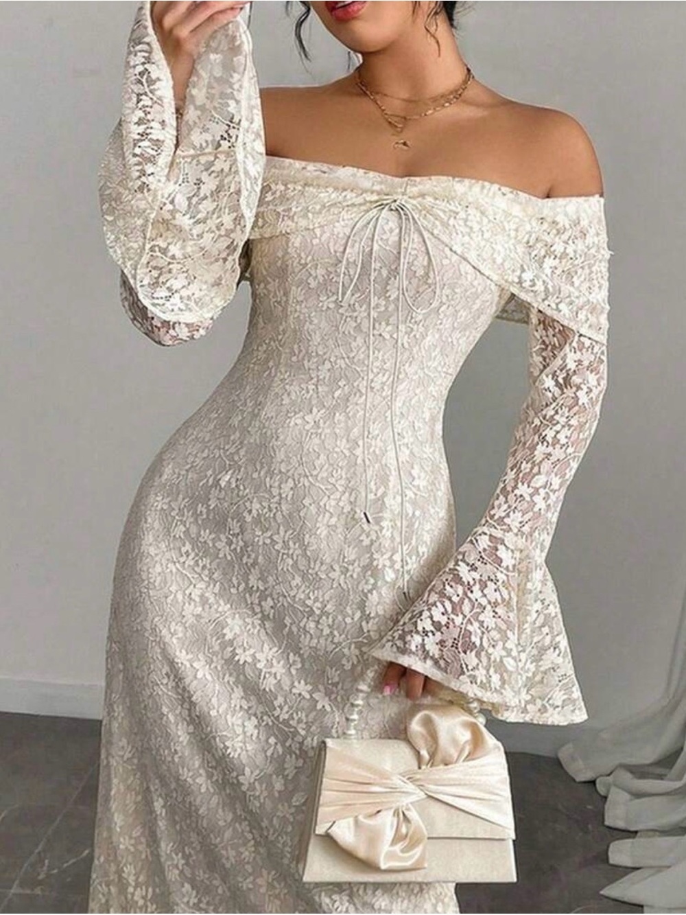 SHEIN Off-Shoulder Ivory Lace Maxi Dress with Bell Sleeves